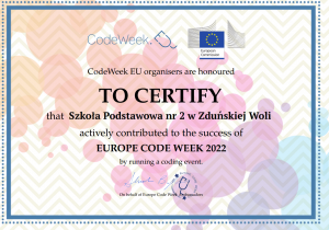 Certyfikat dla szkoły Podstawowej nr 2 w Zduńskiej Woli